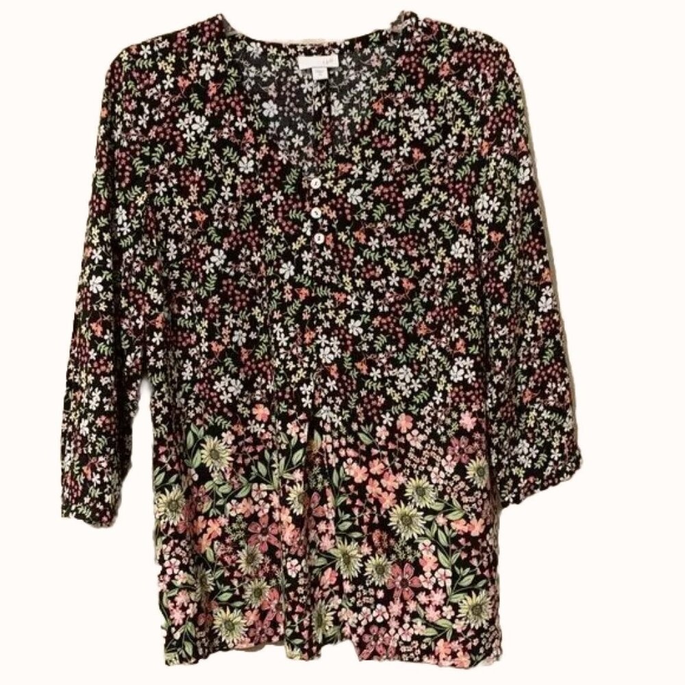 J. Jill Women’s Black Floral Top XS Boho Cottagecore Romantic Garden Chic
